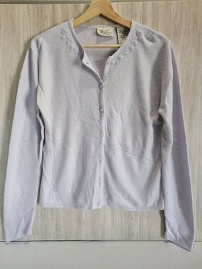 Kathie Lee Lilac Cardigan Small Embroidered Floral Button Front Sweater